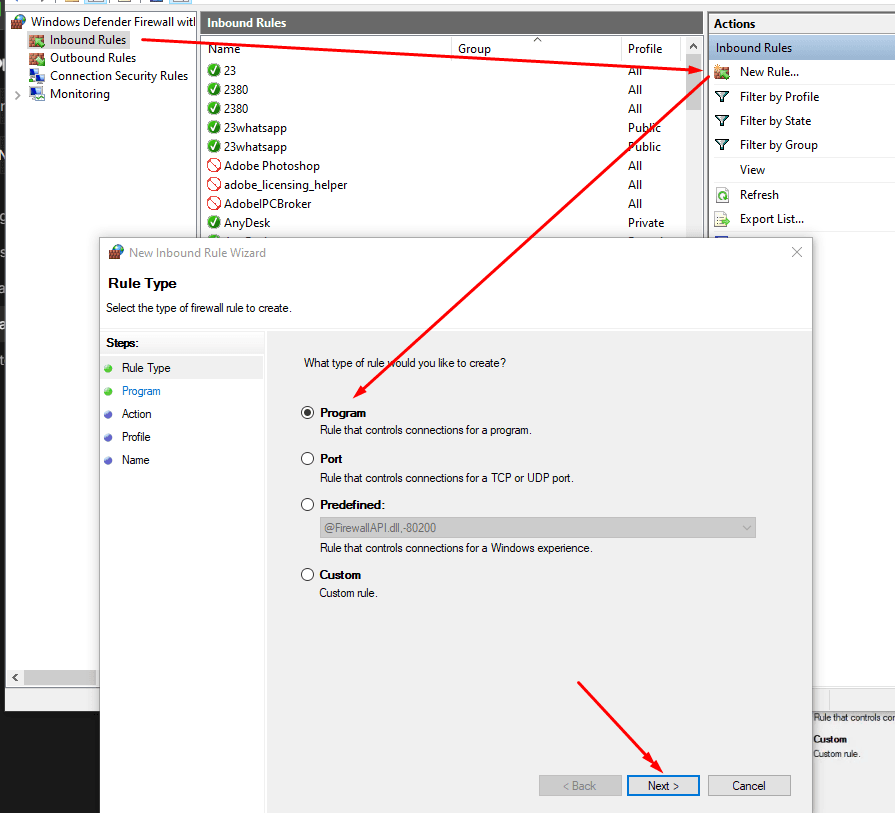 Silahkan Tab inbound rules , Kemudian buat Klik New Rule dan Silahkan Pilih Program