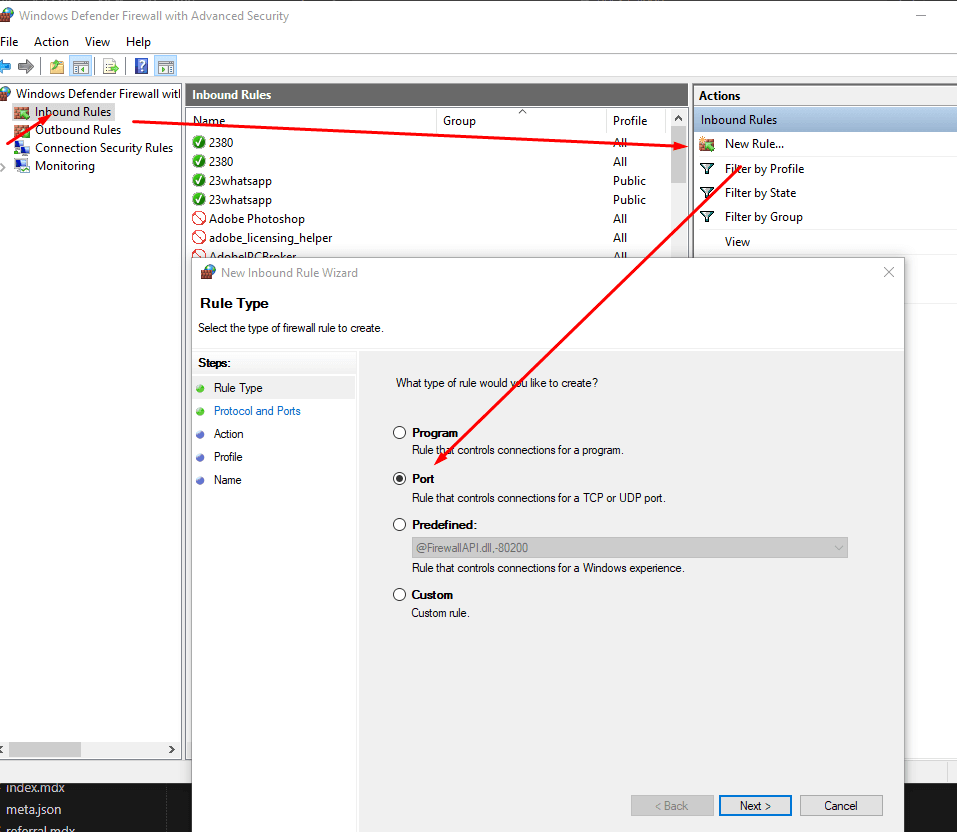 Silahkan Tab inbound rules , Kemudian buat Klik New Rule dan Silahkan Pilih Port
