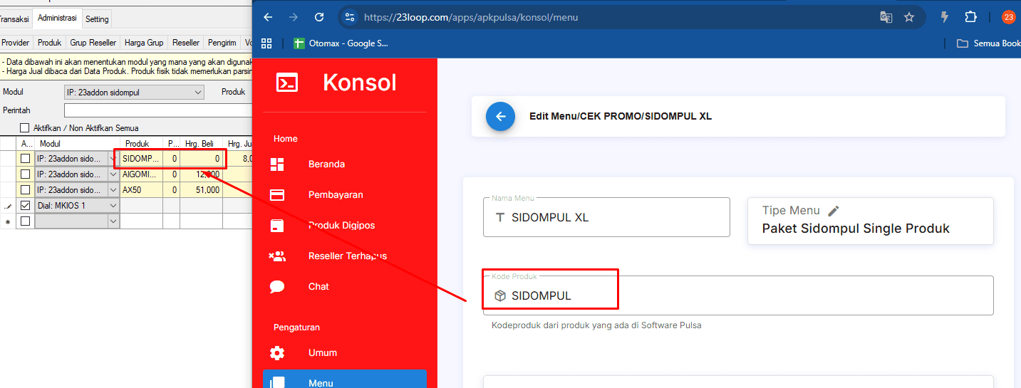 Kode Produk di Webkonsol untuk Otomax