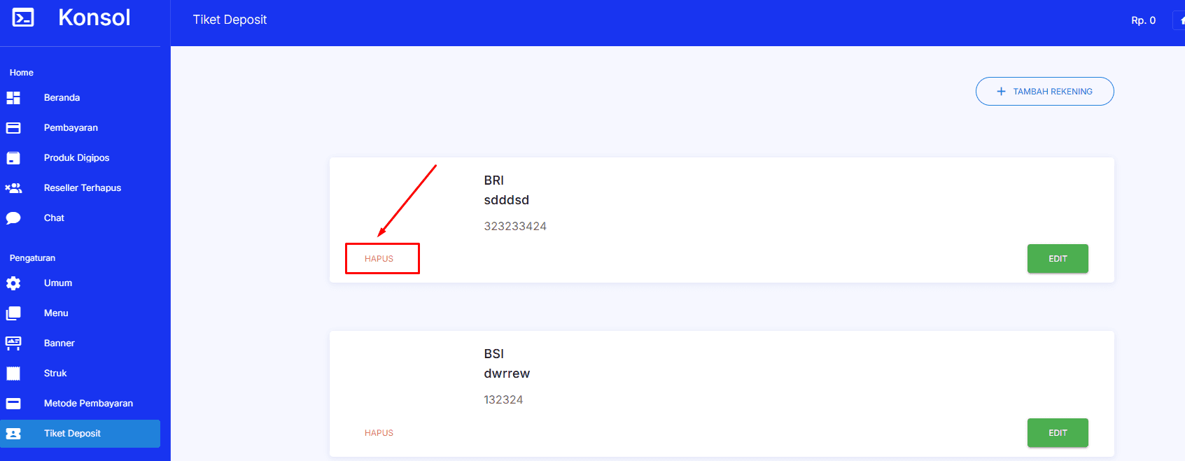 Tombol Hapus Rekening
