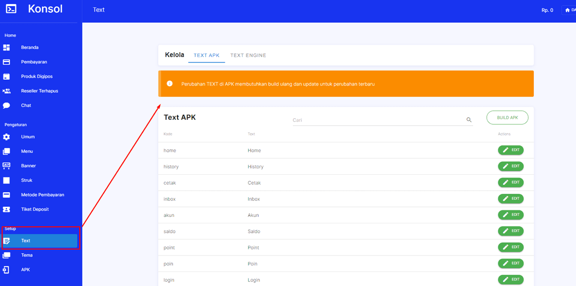 Menu Kustomisasi Teks