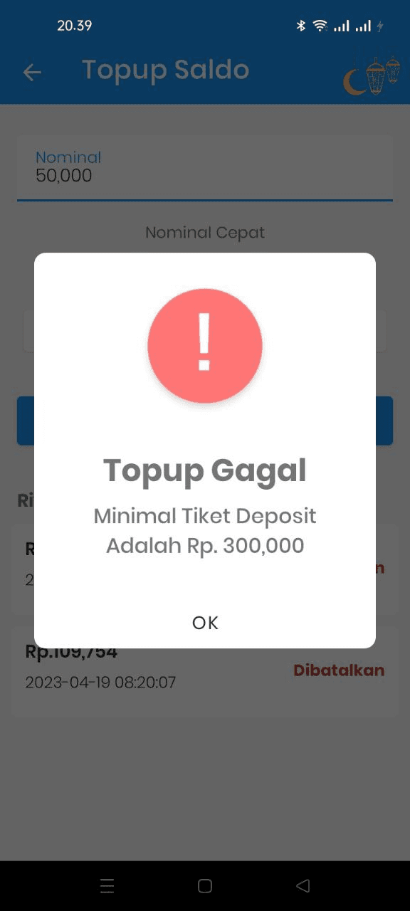 Error Top Up Gagal