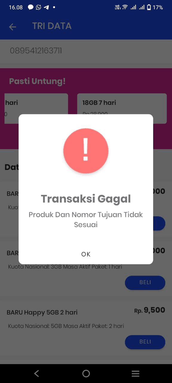 Error Nomor Tujuan Tidak Sesuai